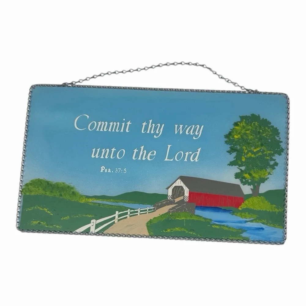 Vtg Mirrored Glass Hand Painted Religious Christian Decor Sign Barn Chain Link